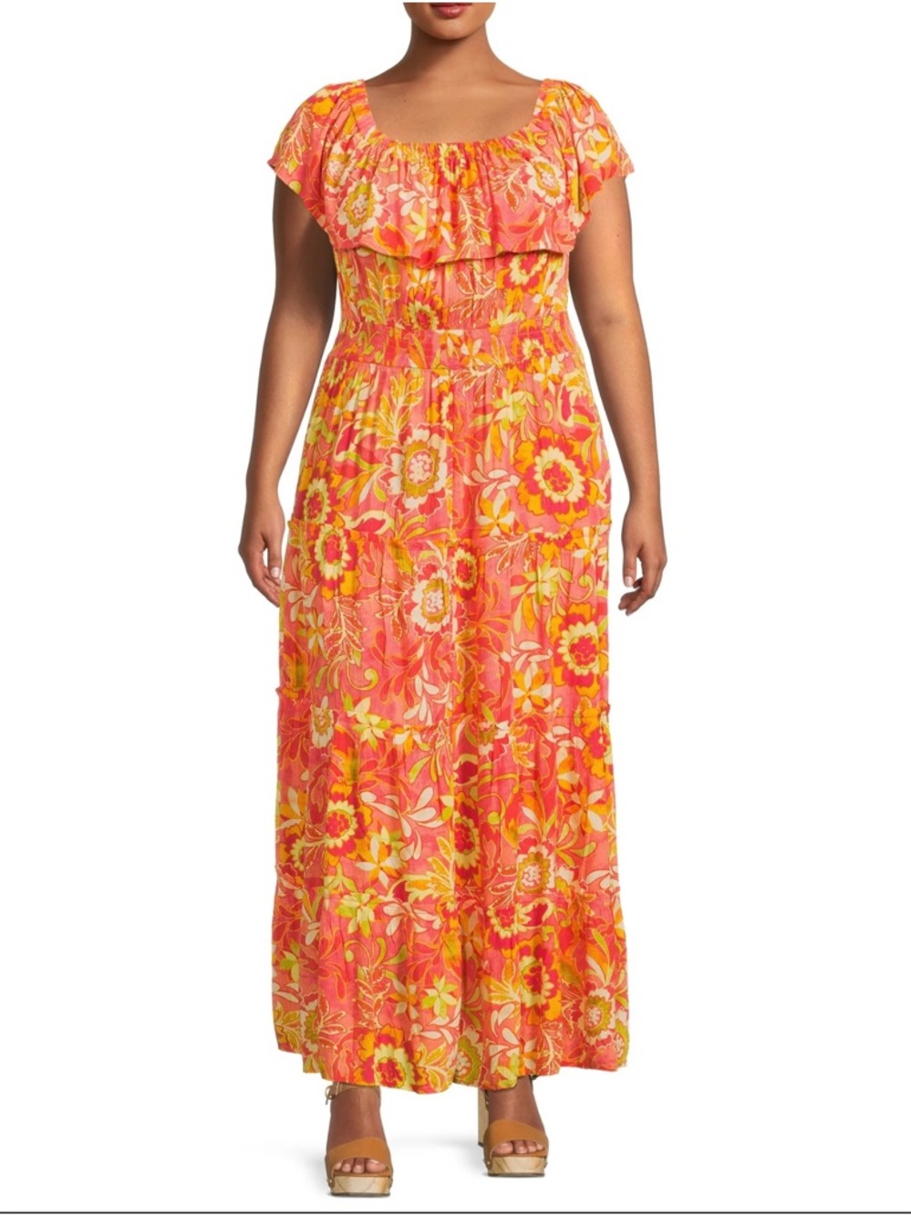 Terra & Sky Coral Orange and Yellow Floral Maxi Dress